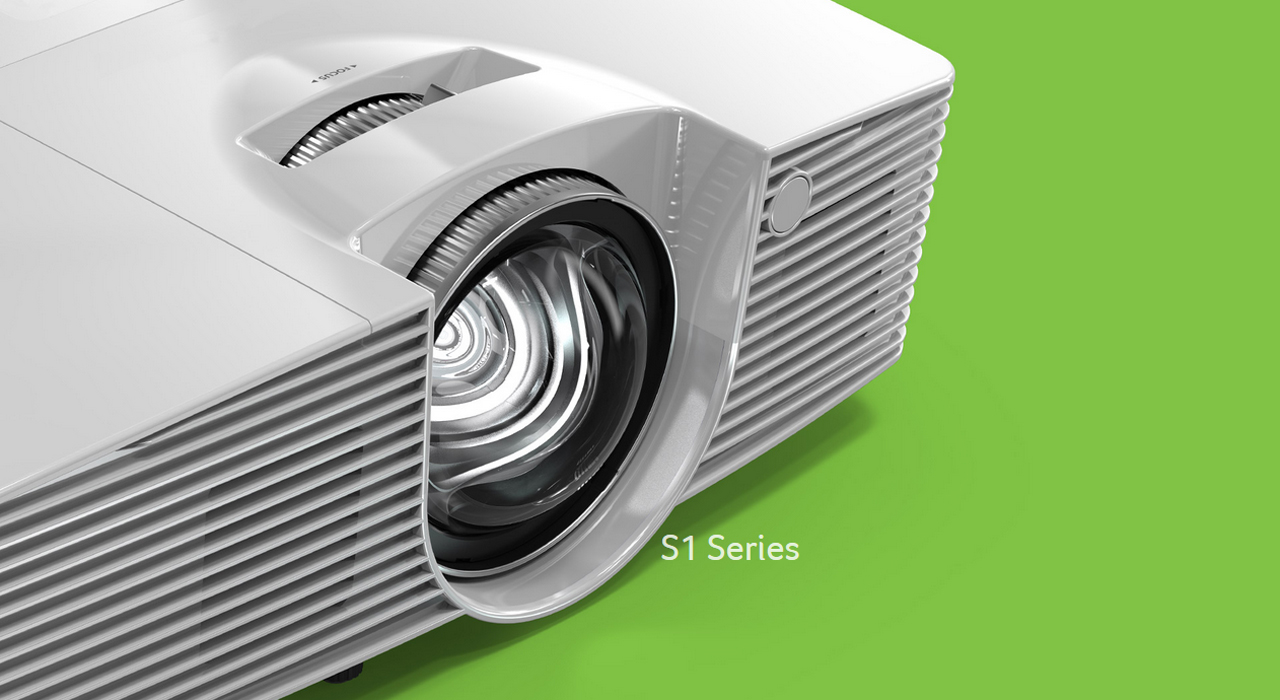 Acer S1 series projector angled down to the left on a green background