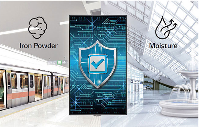 LG commercial displa in vertical mode in between a subway station with iron powder and moisture icons + text