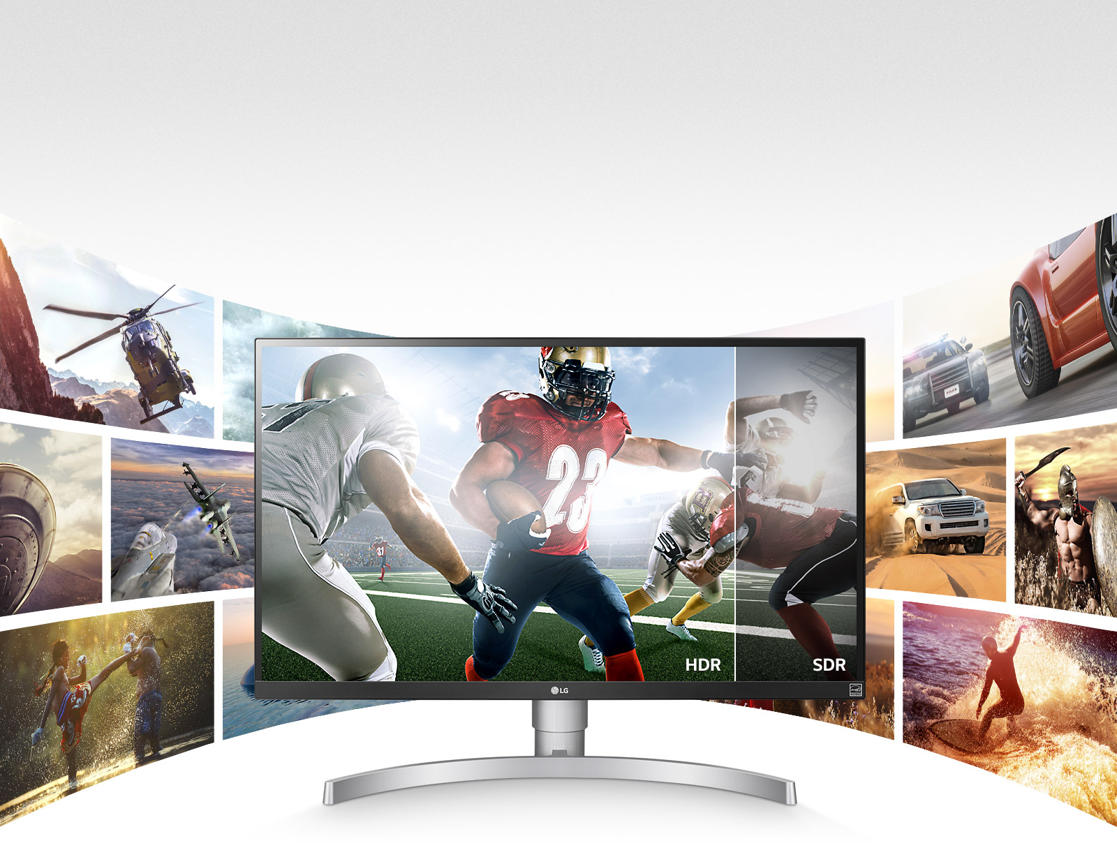 a monitor with a football match as screen, splited into two, showing different effect between HDR and SDR