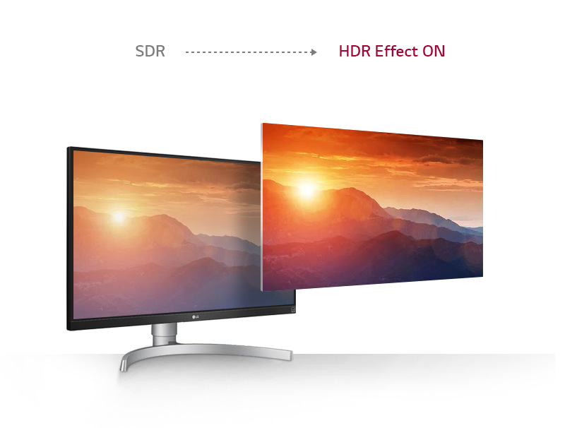 a monitor with a scenery picture showing different effect between SDR and HDR