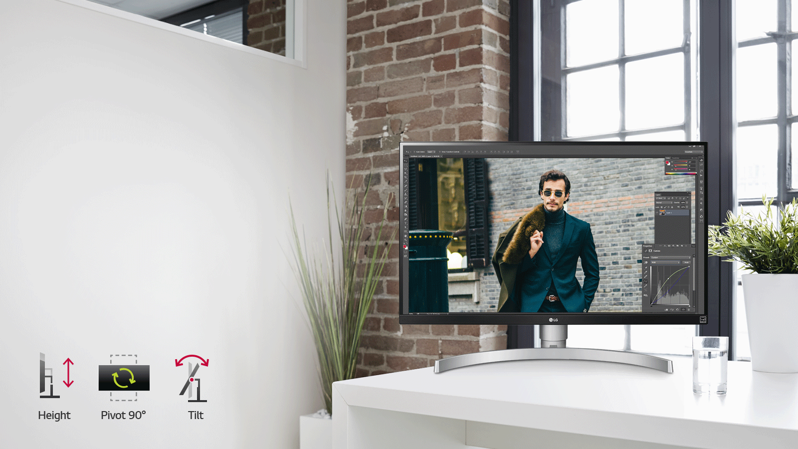 a monitor with a man as screen and showing the different height effect of the monitor