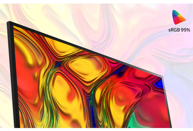 a monitor with a colorful image as screen showing the effect of sRGB 99%