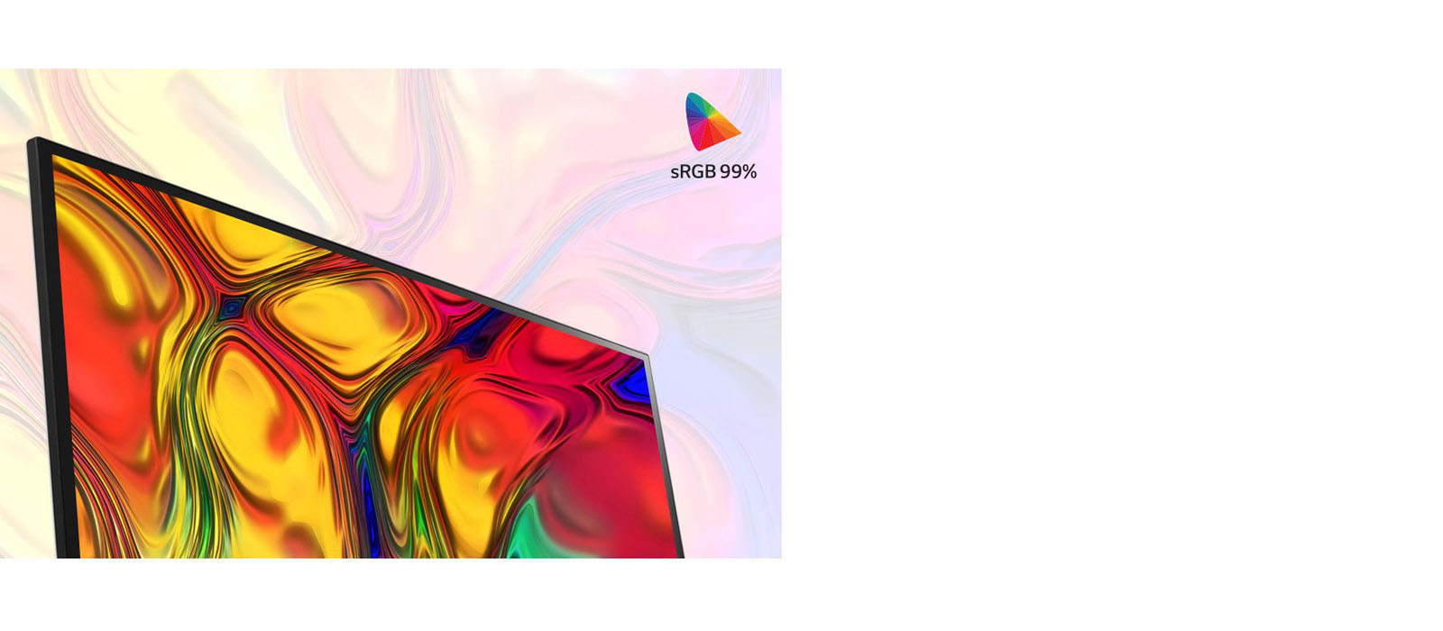 LG 27UL600-W IPS Display sRGB 99% Example Showing the Monitor, Angled to the Right with Colors Mixing Together Fluidly
