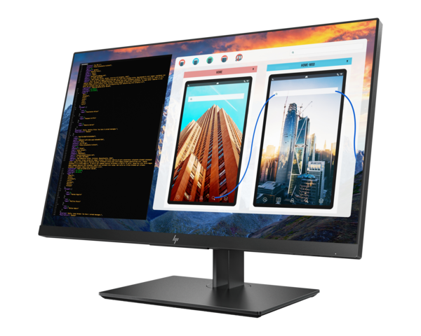 HP Z27 27-inch 4K UHD Display angled to left showing mutiple programs
