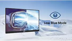 monitor in a snowy background, showing LowBlue Mode effect