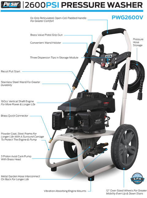 Pulsar 2600psi Vertical Gasoline Pressure Washer PWG2600V