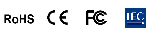 RoHS, CE, FCC and IEC logos