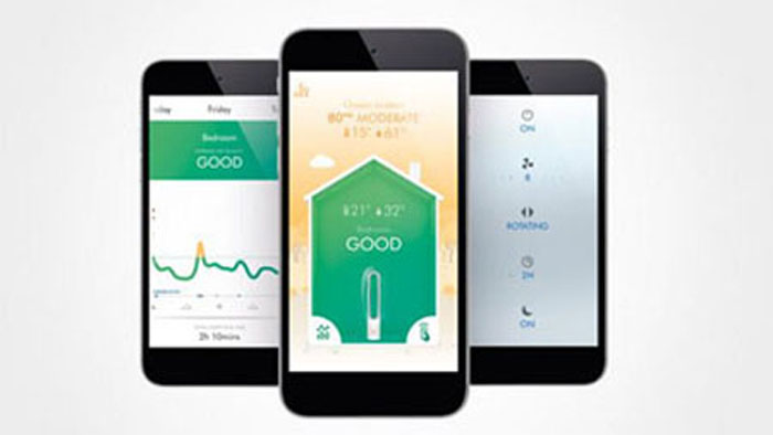 Three phones with their screens showing Dyson Link app interface