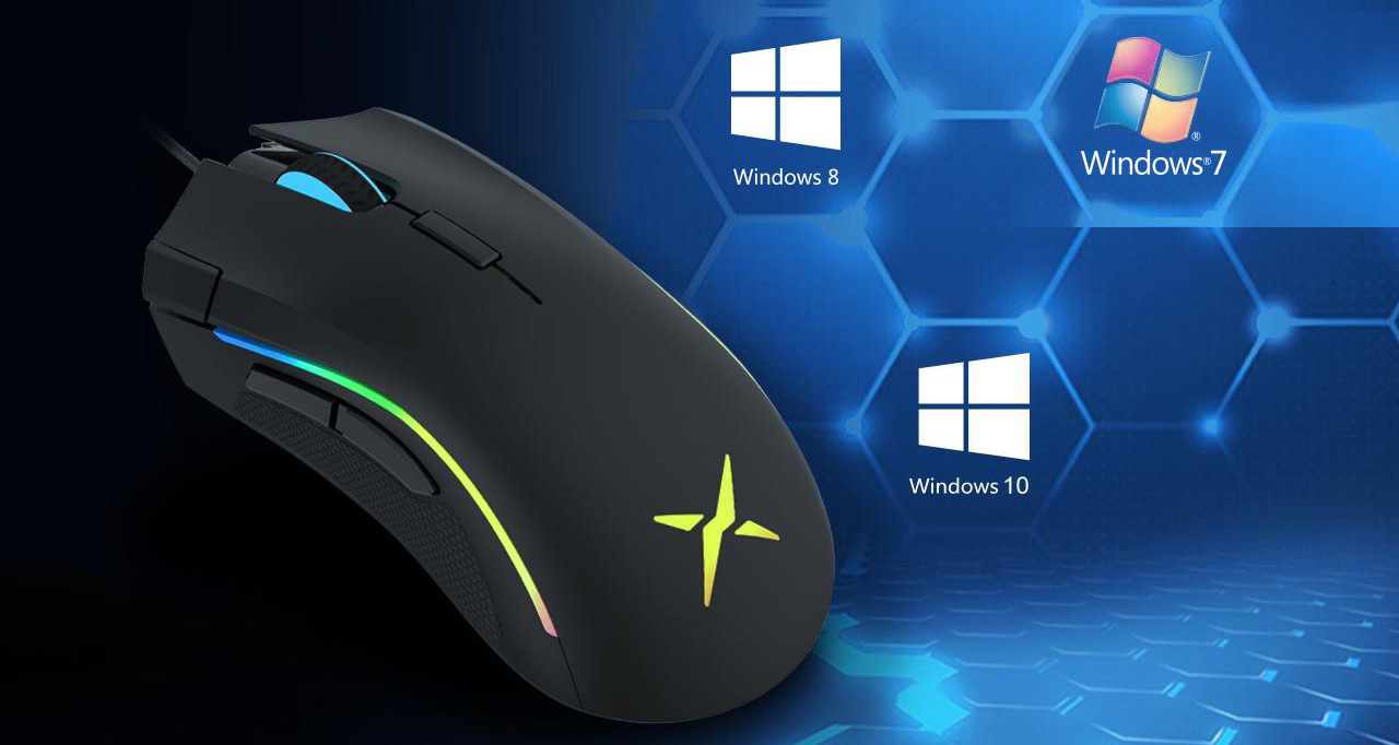 A gaming mouse is next to Windows 8, Windows 7 and Windows 10 icons.