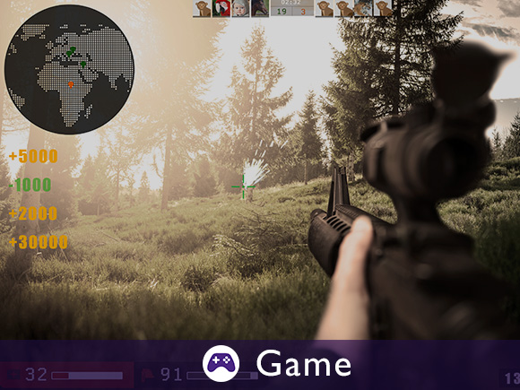 A first-person shooter with the player in a wooded meadow