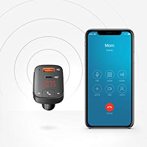 Top view of the SmartCharge T2 with ripples flowing out, indicating wireless signal. Next to it on the right is front view of an iPhone with screen showing a call. This picture shows the SmartCharge T2 can stream call from the phone and transmit the call to car stereo via FM radio
