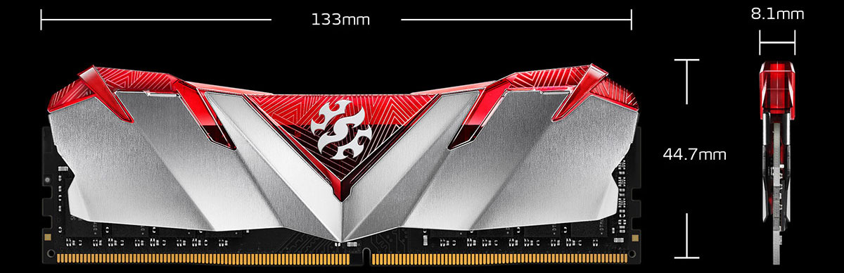 Front and side view of a GAMMIX D30 memory module, with lines and number measuring its dimensions