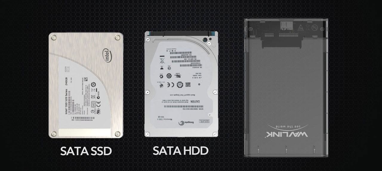 At the left is top view of an SSD, in the middle is top view of an HDD, and at the right is top view of this enclosure