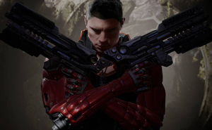 A man crossing his hands in front of his chest, with each hand holding a large gun