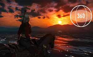 Gorgeous game scene of a knight on a horse looking at the rising sun. At the top right corner is a circle with number 360 in it