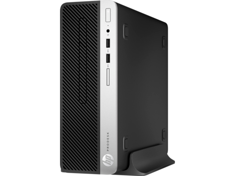 HP ProDesk 400 G4 vertical view on its stand facing slightly to the left