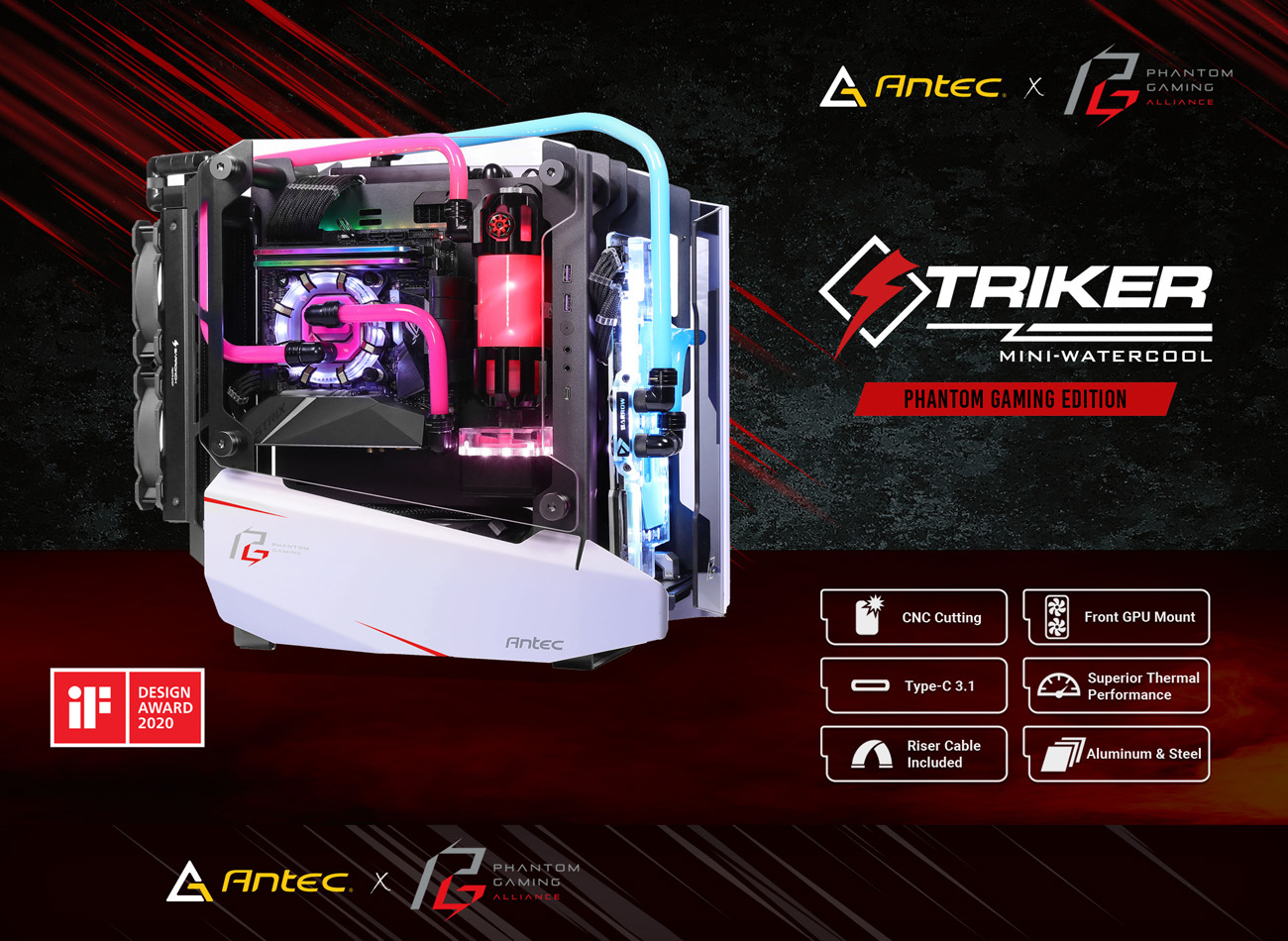Antec Striker PGE Computer Case facing forward and Antec logo