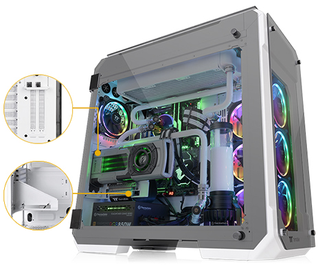 Thermaltake View 71 Case Fully Stoked with Components Angled to the Right with Hotspot Closeups of the vertical GPU Riser