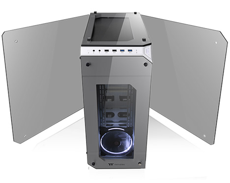 Thermaltake View 71 Case Facing Forward, Angled Down Slightly, with Both Tempered-Glass Panels Coming off the Left and Right