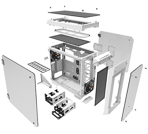 Thermaltake View 71 Pieces Removed and Floating Next to Each Other, All Angled to the Right
