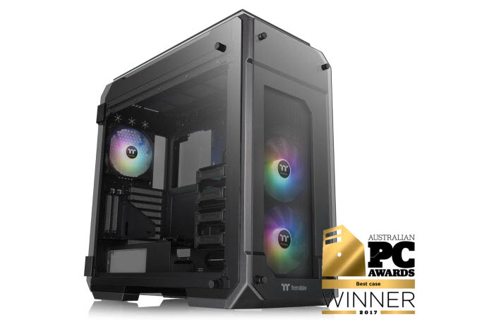 Thermaltake View 71 Tempered Glass ARGB Edition angled to right with an award logo