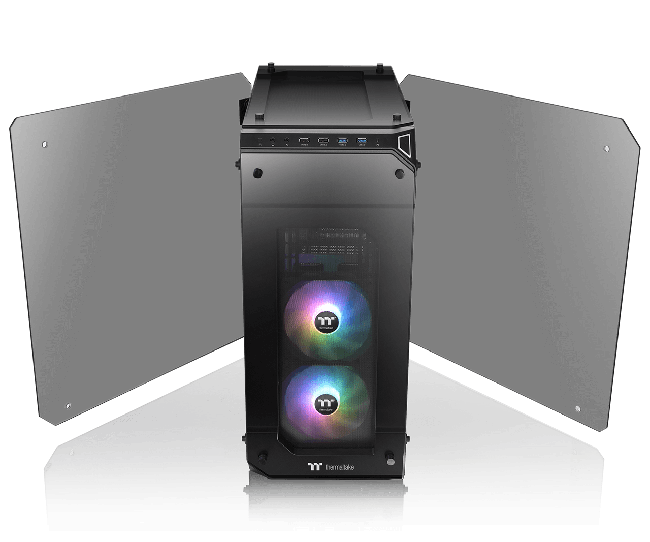 View 71 TG ARGB with its four tempered glass side panels unfolded
