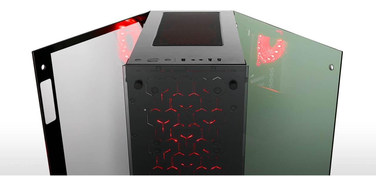 The Rosewill PRISM T500 facing forward showing both side tempered-glass side panels remove facing away from the case