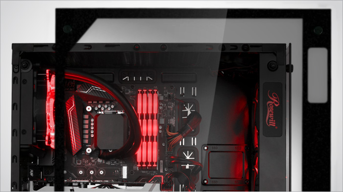 The Rosewill PRISM T500 fully loaded with components and its tempered-glass side panel removed, floating in front of the case