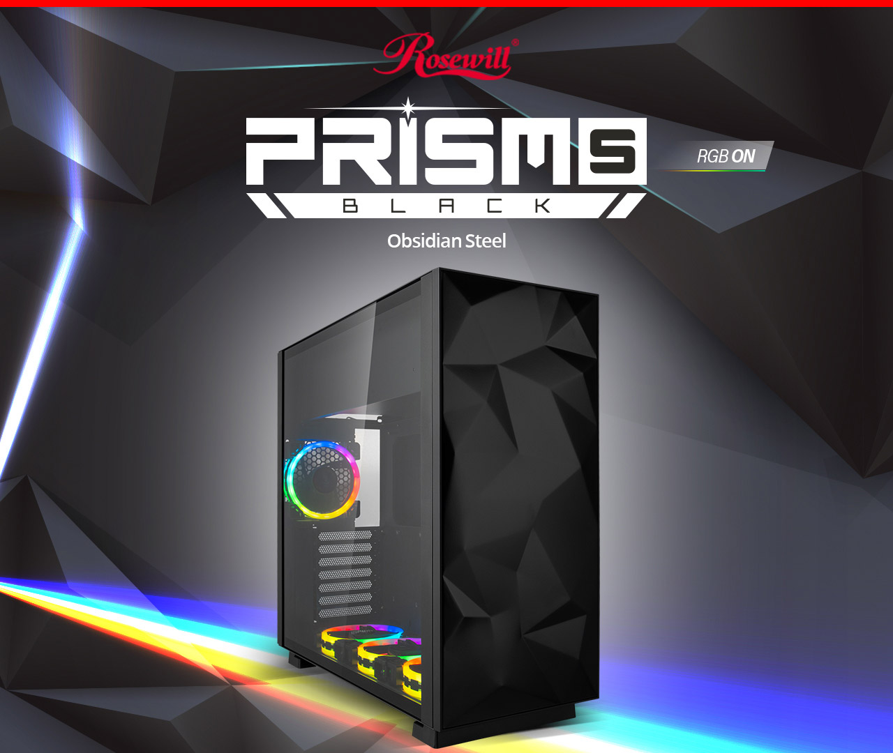 Rosewill ATX Mid Tower Gaming PC Computer Case with RGB Angled to the Right with Graphics and Text Indicating: Rosewill PRISM S RGB ON BLACK Obsidian Steel