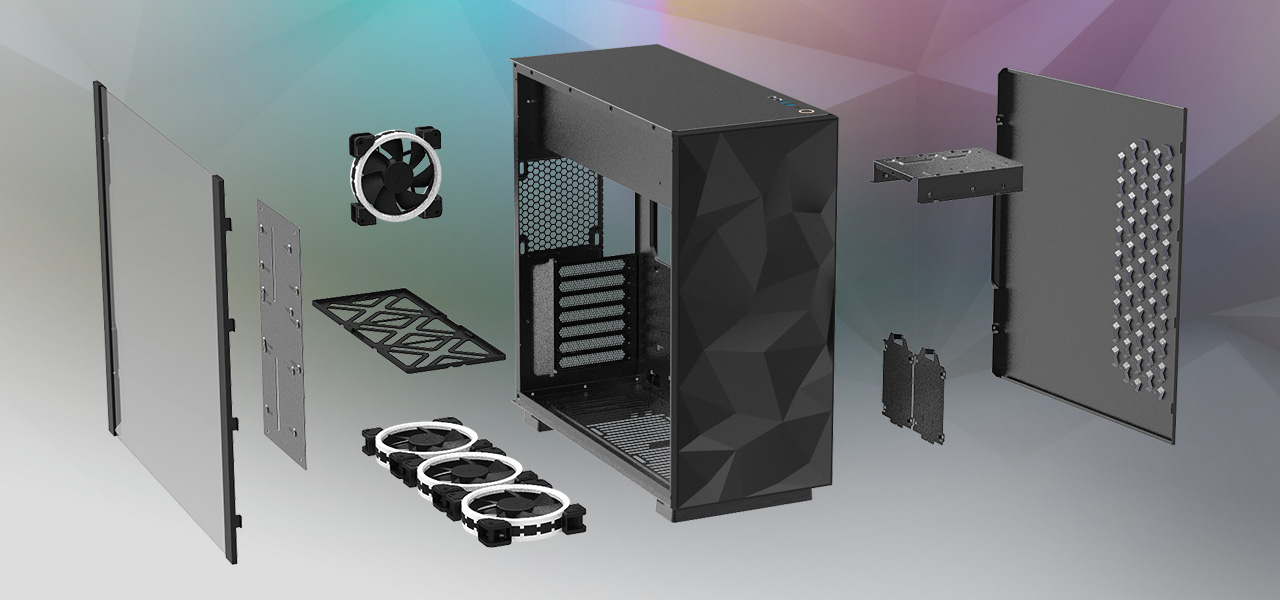 Rosewill ATX Mid Tower Gaming PC Computer Case with All Its Pieces Removed, Angled to the Right, Floating Next to Each Other