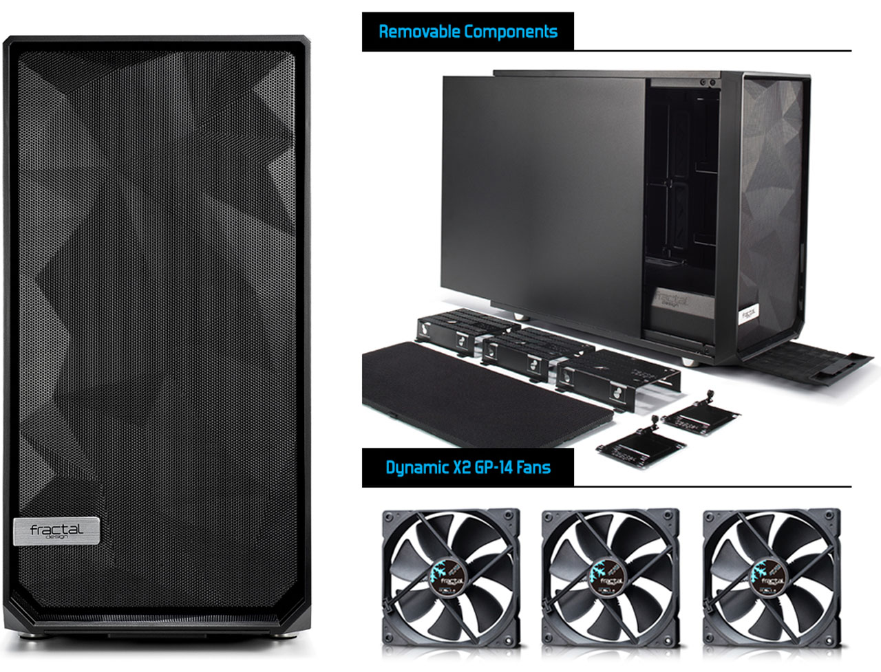 Meshify S2 Side view and disassembly diagram and three fans