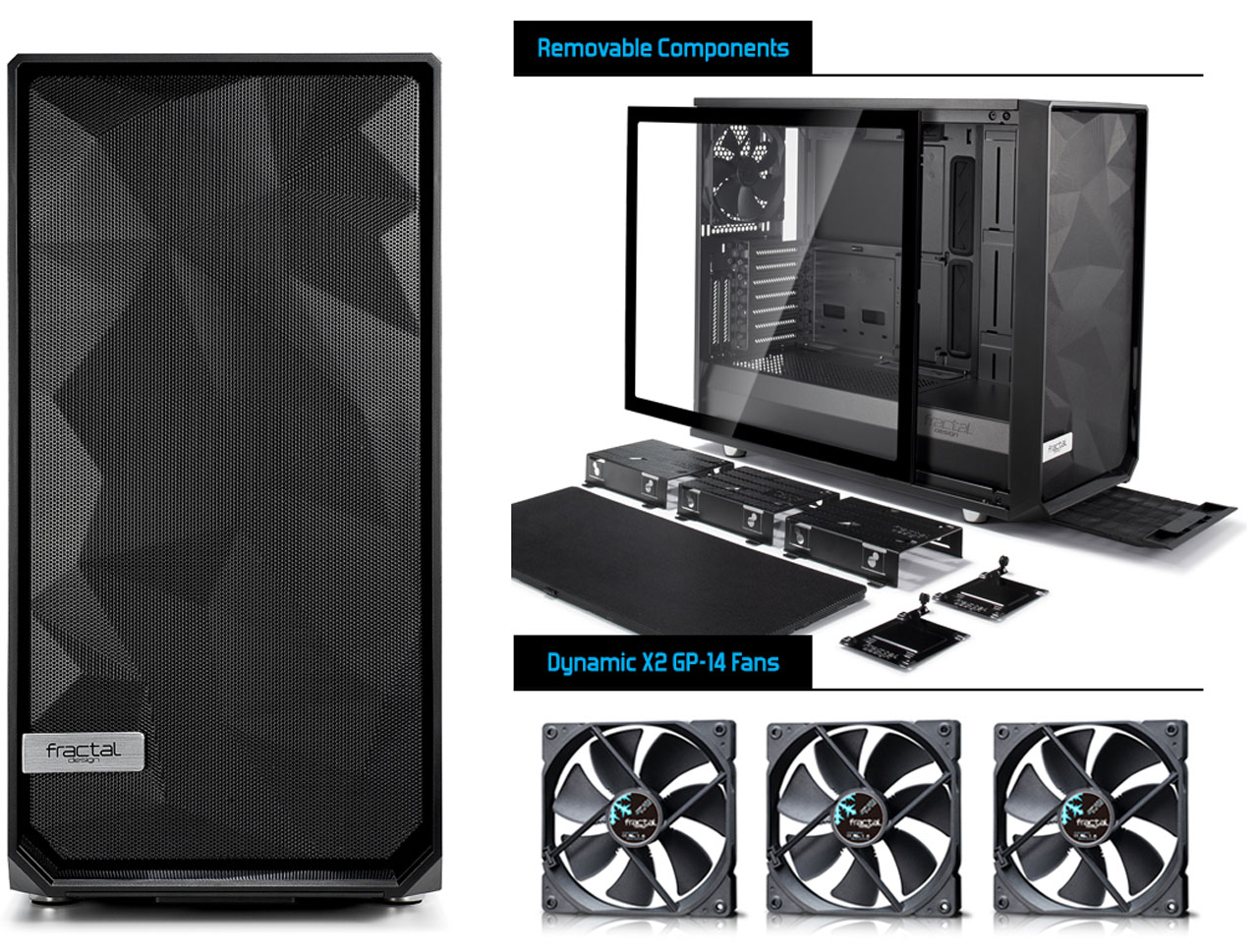 Meshify S2 Side view and disassembly diagram and three fans