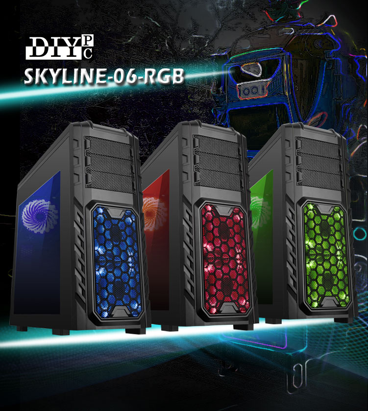 DIYPC SKYLINE-06-RGB banner showing three cases standing up facing to the right, with blue, red and green lighting respectively