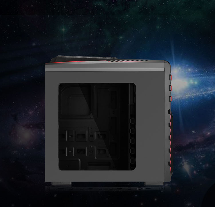 DIYPC Skyline-06-RGB case facing completely to the left with its side panel removed and cables being routed through