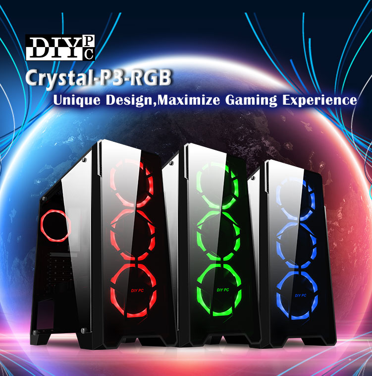 DIYPC Crystal-P3-RGB banner showing three cases lined up facing slightly to the right with red, green and blue RGB lighting. There is a planet behind the cases and text above that reads: Unique Design, Maximize Gaming Experience