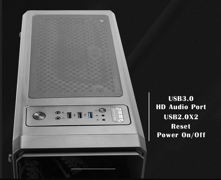 Top of the DIYPC case along with text that reads: USB 3.0, HD Audio Port, Two USB 2.0 Ports, Power ON/OFF