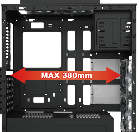 Closeup of the Titan 240 Case with its panels remove and a graphic arrow that reads: MAX 380mm