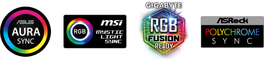 Icons of Asus Aura Sync, MSI Mystic Light Sync, Gigabyte RGB Fusion, and ASRock Polychrome Sync