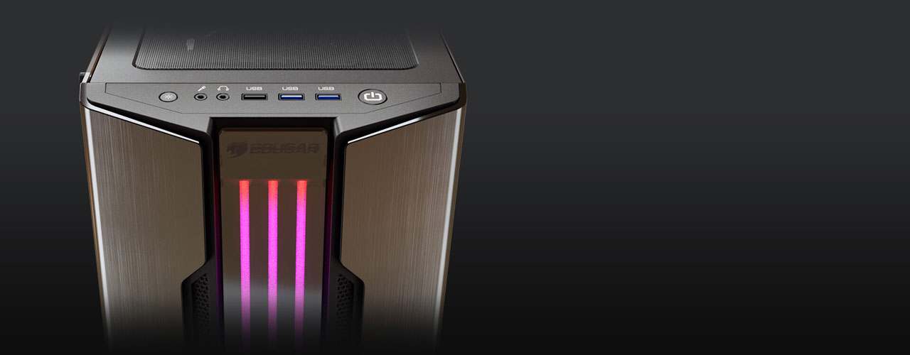 Closeup of the top easy-access panel, including USB ports, audio jacks, power button and lighting control button