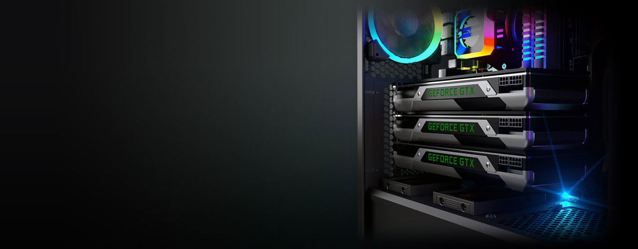 Detail view of three GeForce GTX cards in a build
