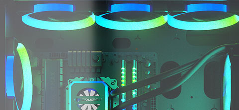 Display of three top-mounted fans and a rear mounted fan, with a water block with tubes connecting between it and front mounted radiator