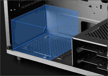Transparent blue graphic showing where the power supply in the back bottom of the MATREXX 55 case