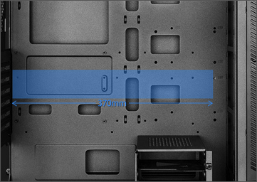 Blue graphic showing 370mm graphics-card length inside the case