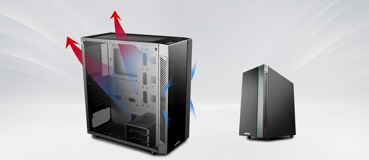 Two MATREXX 55 cases, one faces to the right with blue and red arrows indicating positive airflow. The case on the right is more in the background facing to the left
