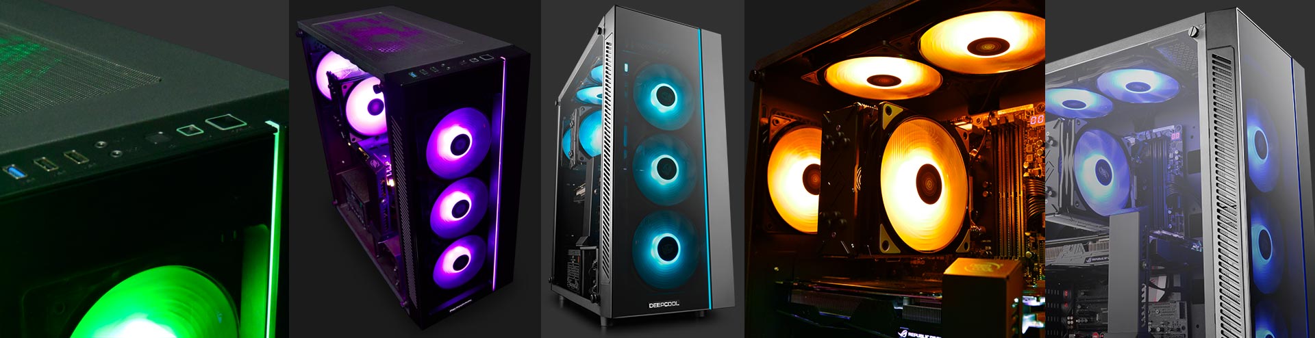 different shots and angles of the deepcool MATREXX 55 case with RGB-lit fans in green, purple, light blue, orange and teal