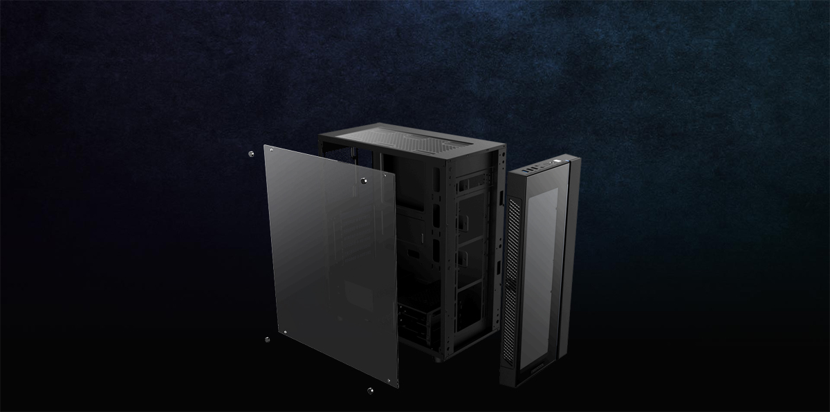 MATREXX 55 case facing to the right with its side a front panels removed, floating next to the chassis