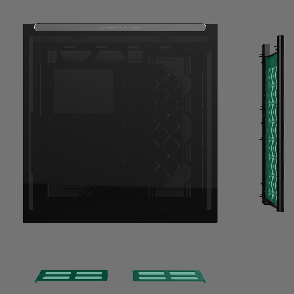 Dust filters attached at the front and bottom of the Macube 550 case