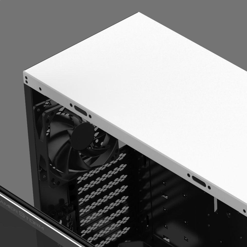 A 120mm black fan is included at the rear of the Macube 550 case.