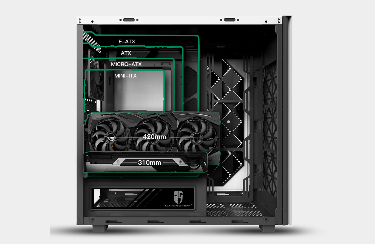 Macube 550 facing to the right, MOTHERBOARD support Mini-ITX / Mico-ATX / ATX / Standard E-ATX
