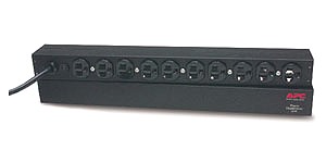 APC Rack PDU, Basic, 1U, 15A, 120V, (10)5-15, lying horizontally, facing forward
